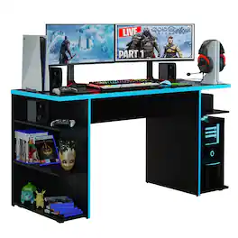 Madesa - Large Gaming Computer Desk 53 Inch with 5 Open Shelves - Black/Blue