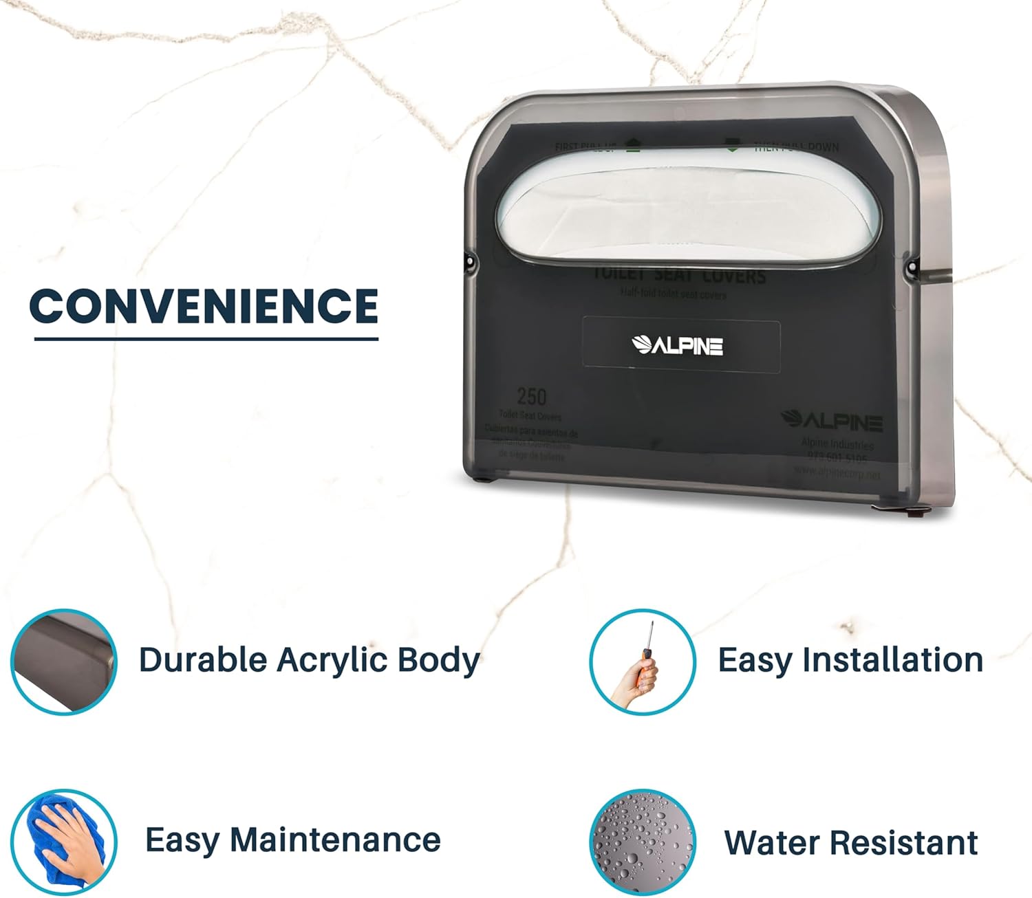 Sure, here is the corrected and grouped text from the image:

---

**CONVENIENCE**

- **Durable Acrylic Body**
- **Easy Installation**
- **Easy Maintenance**
- **Water Resistant**

**ALPINE 250**

**ALPINE Industries**

**www.apnecorp.net**

---

This text highlights the features and brand information of the product.