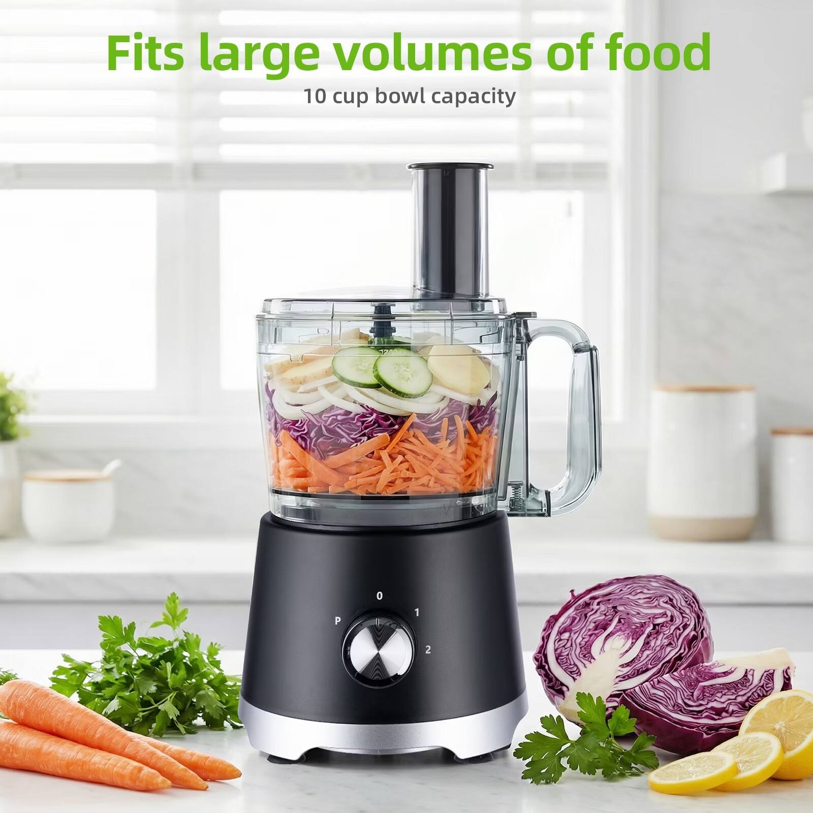 Fits large volumes of food  
10 cup bowl capacity