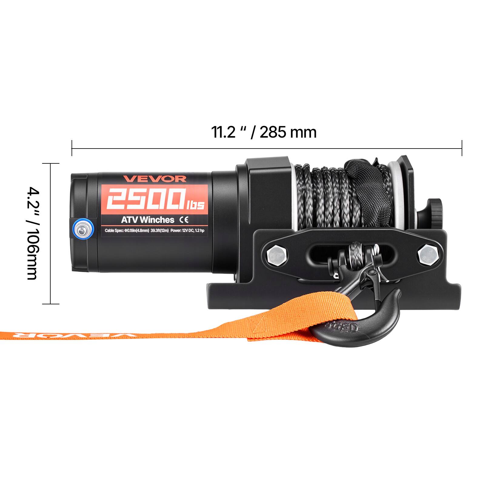 11.2" / 285 mm  
4.2" / 106 mm  
VEVOR 2500 lbs ATV Winches CE  
Cable Spec: 6x19/8mm (33.37kN)  
Power: 12V DC, 12.7hp