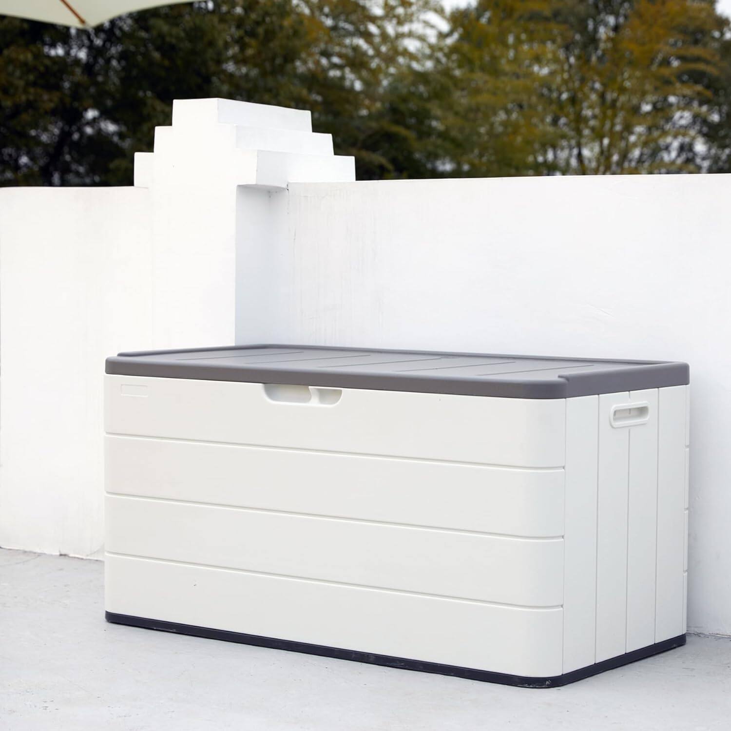 Back. Mondawe - 110 Gallons HDPE Hydraulic Lift Lockable Waterproof Outdoor Storage Box - White.