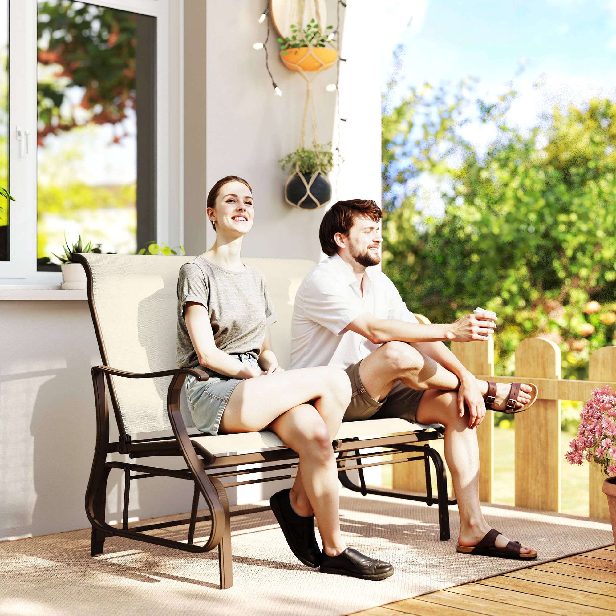 Alt View 1. Outsunny - 2-Person Outdoor Glider Bench, Patio Glider Loveseat Chair with Powder Coated Steel Frame, 2 Seats Porch Rocking Glider - Beige.