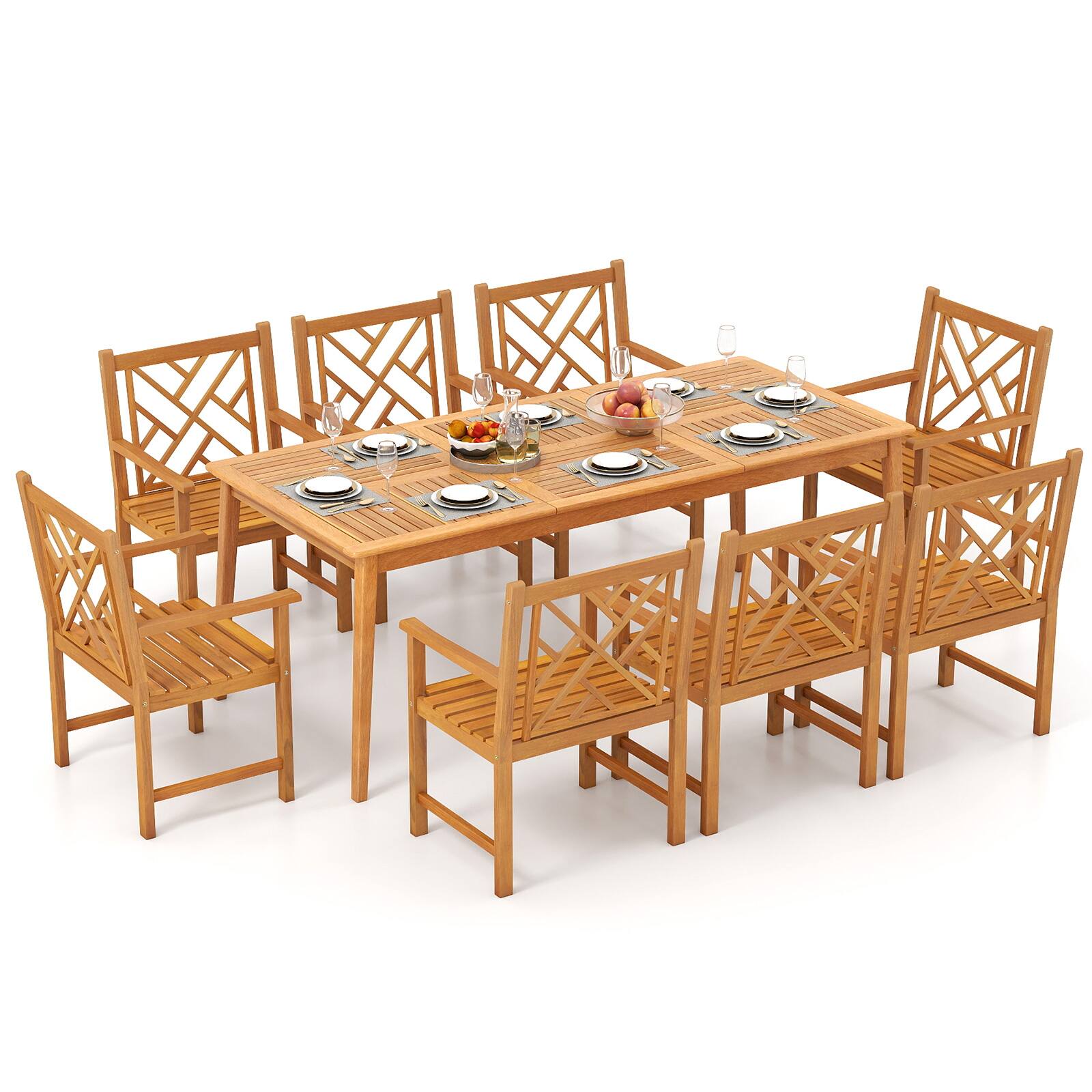 Alt View 8. Gymax - Gymax 9-Pieces Patio Dining Table Set w/8 Chairs Slatted Tabletop 1.96'' Umbrella Hole - Natural.