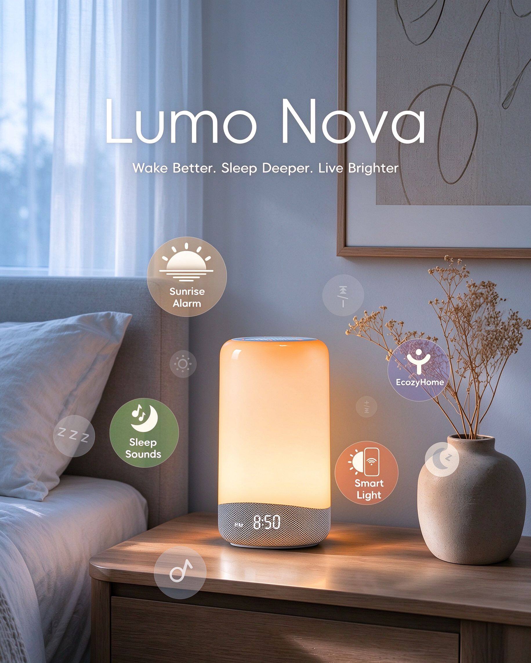 Lumo Nova  
Wake Better. Sleep Deeper. Live Brighter

Sunrise Alarm  
ZZZ  
Sleep Sounds  
EcozyHome  
Smart Light  
20 8:50