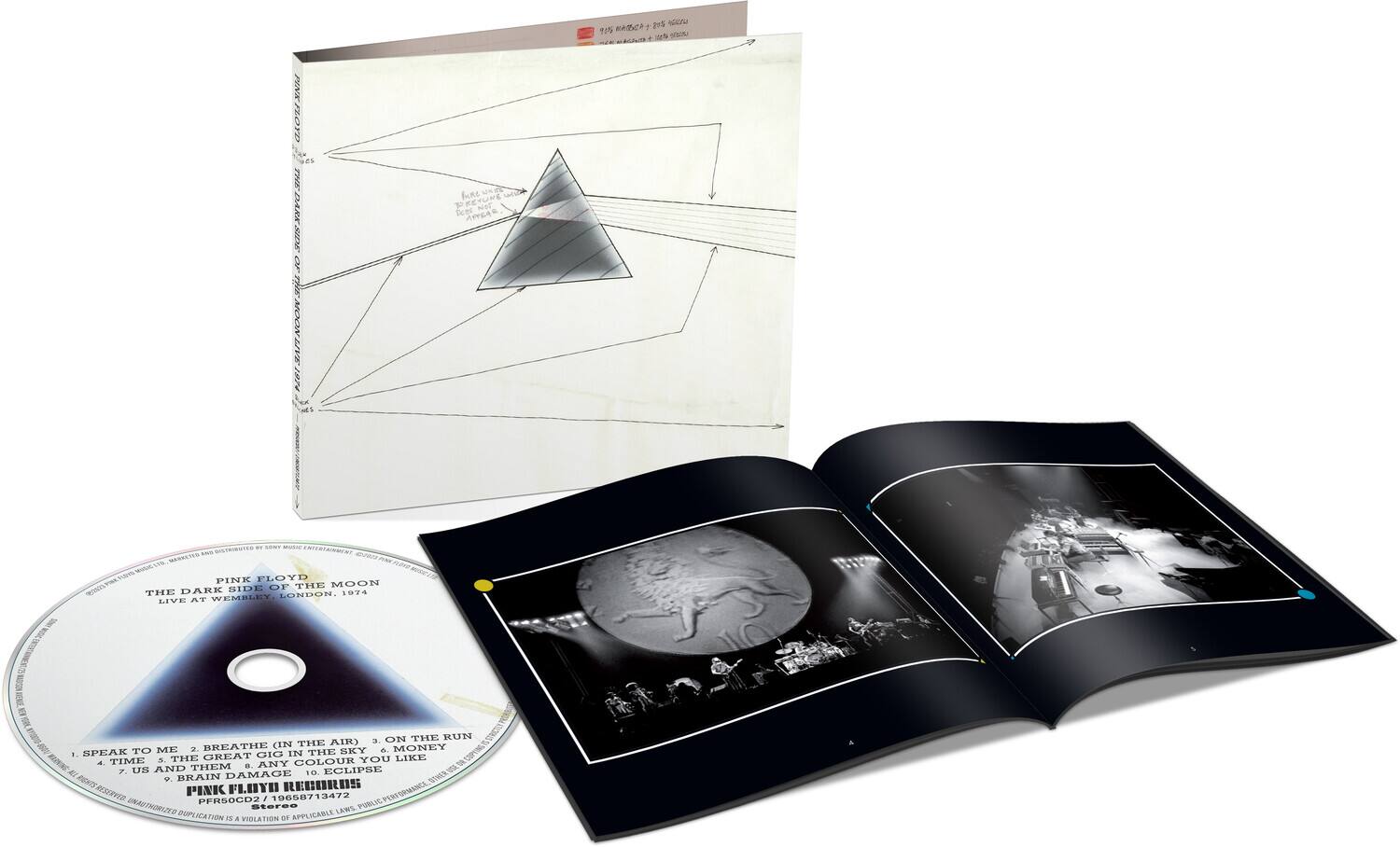 Sure, here is the corrected and grouped text:

---

**CD Label:**

PINK FLOYD  
THE DARK SIDE OF THE MOON  
LIVE AT WEMBLEY, LONDON 1974

1. SPEAK TO ME  
2. BREATHE (IN THE AIR)  
3. ON THE RUN  
4. TIME  
5. THE GREAT GIG IN THE SKY  
6. MONEY  
7. US AND THEM  
8. ANY COLOR YOU LIKE  
9. ECLIPSE  
10. BRAIN DAMAGE  
11. ECLIPSE

PINK FLOYD  
PFR50CD2 / 19658713472  
PERFORMANCE  
UNAUTHORIZED DUPLICATION IS A VIOLATION OF APPLICABLE LAW

---

**Booklet Text:**

NA THEDARR-SIDE CM 2212ARNOOR20 fune REYUNE Po NR Tems AVLA  
N 1 RAB> 1 use O - uS BSTRINUTES WARRETES ave 7M MIV9S sam PINK FLOYD OI OF THE MOON THE DARK SIDE LONDON 10T4 LIVE A