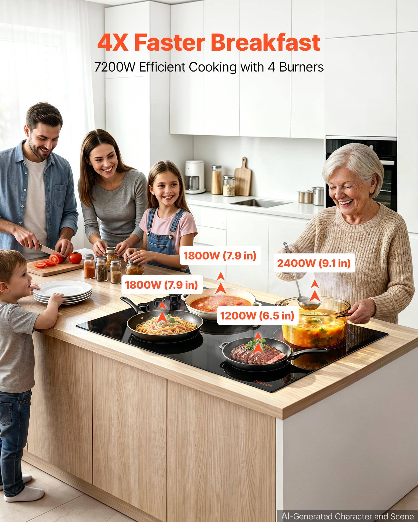 4X Faster Breakfast  
7200W Efficient Cooking with 4 Burners

1800W (7.9 in)  
2400W (9.1 in)  
1800W (7.9 in)  
1200W (6.5 in)

VEVOR

AI-Generated Character and Scene