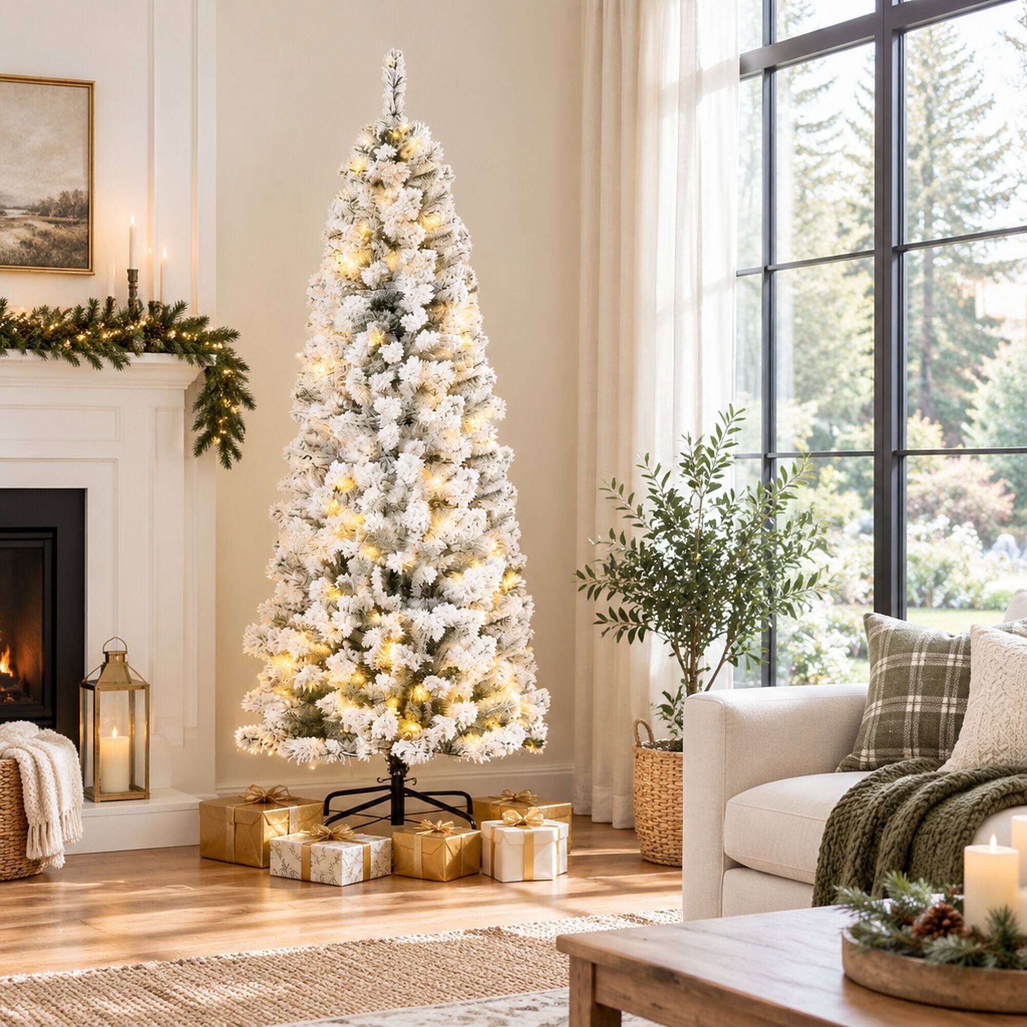 Back. RYHNUYNE - Artificial Fir Christmas Tree With Pre-Strung LED Lights, Realistic Hinged Branches Easy Assembly Holiday Decor - Green,White.