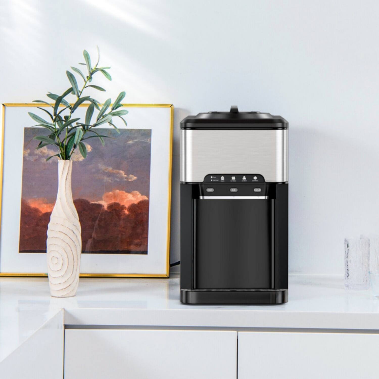 Left. LUCKY ONE - 3-in-1 Water Cooler Dispenser with Built-in Ice Maker - Hot Cold & Ice Cube - Countertop - Silver, black.