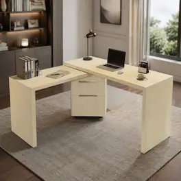 RYHNUYNE - Modern L-Shaped Executive Desk, 90.3 Finish, 360 degrees Rotating Corner Workstation, 3 Drawers - Natural Wood