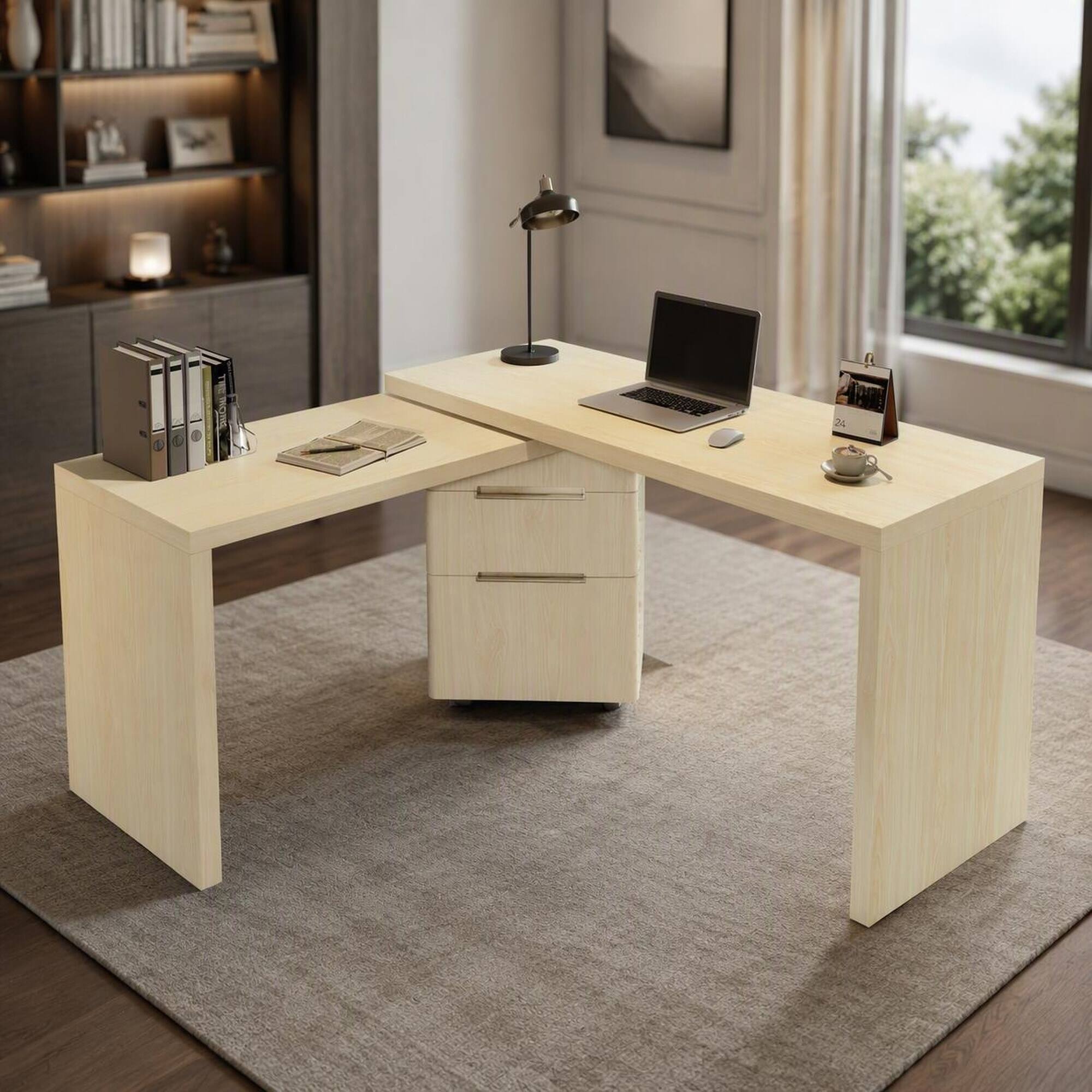 Front. RYHNUYNE - Modern L-Shaped Executive Desk, 90.3 in Natural Wood Finish, 360 degrees Rotating Corner Workstation, 3 Drawers, - Natural Wood.