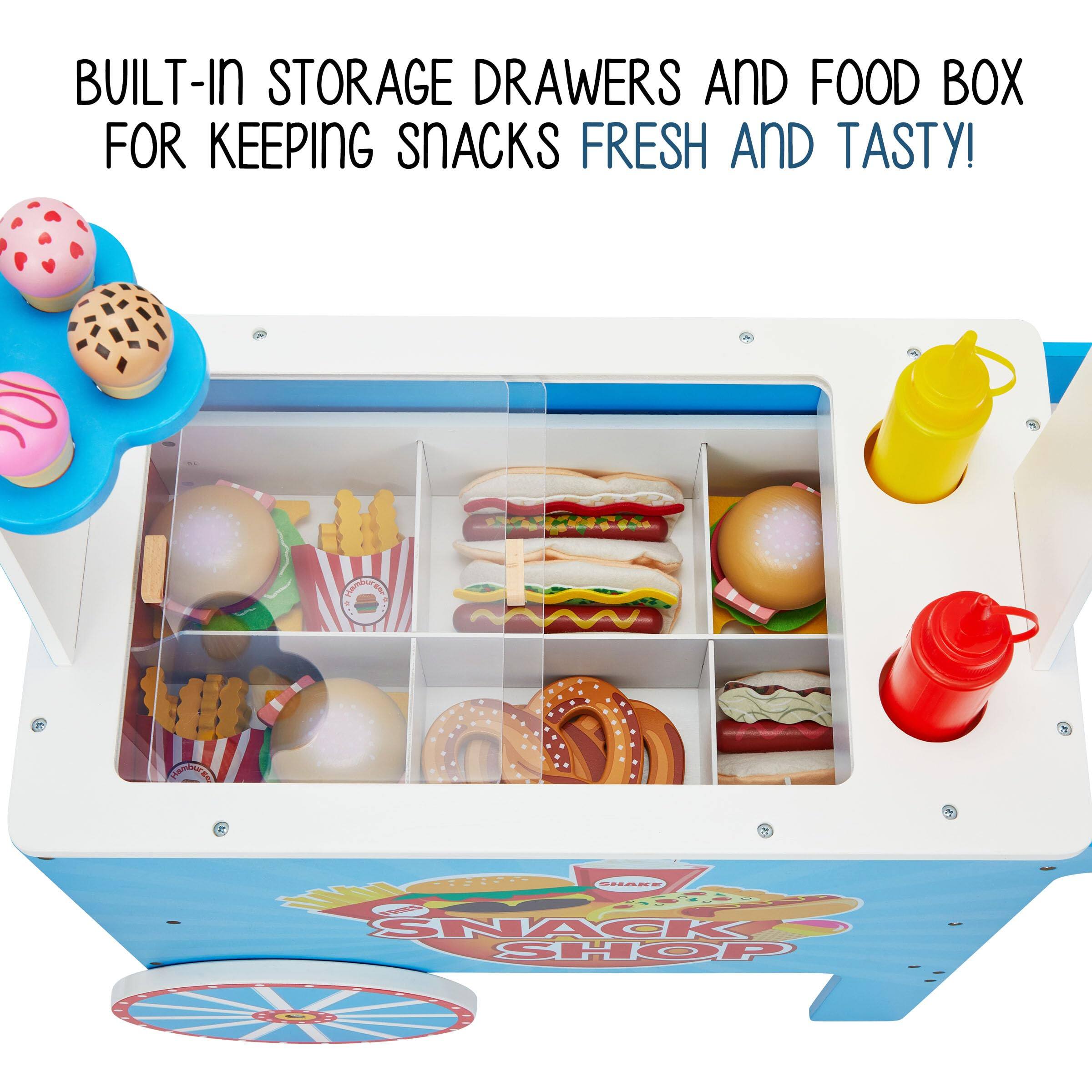 BUILT-IN STORAGE DRAWERS AND FOOD BOX FOR KEEPING SNACKS FRESH AND TASTY! SNACK SHOP