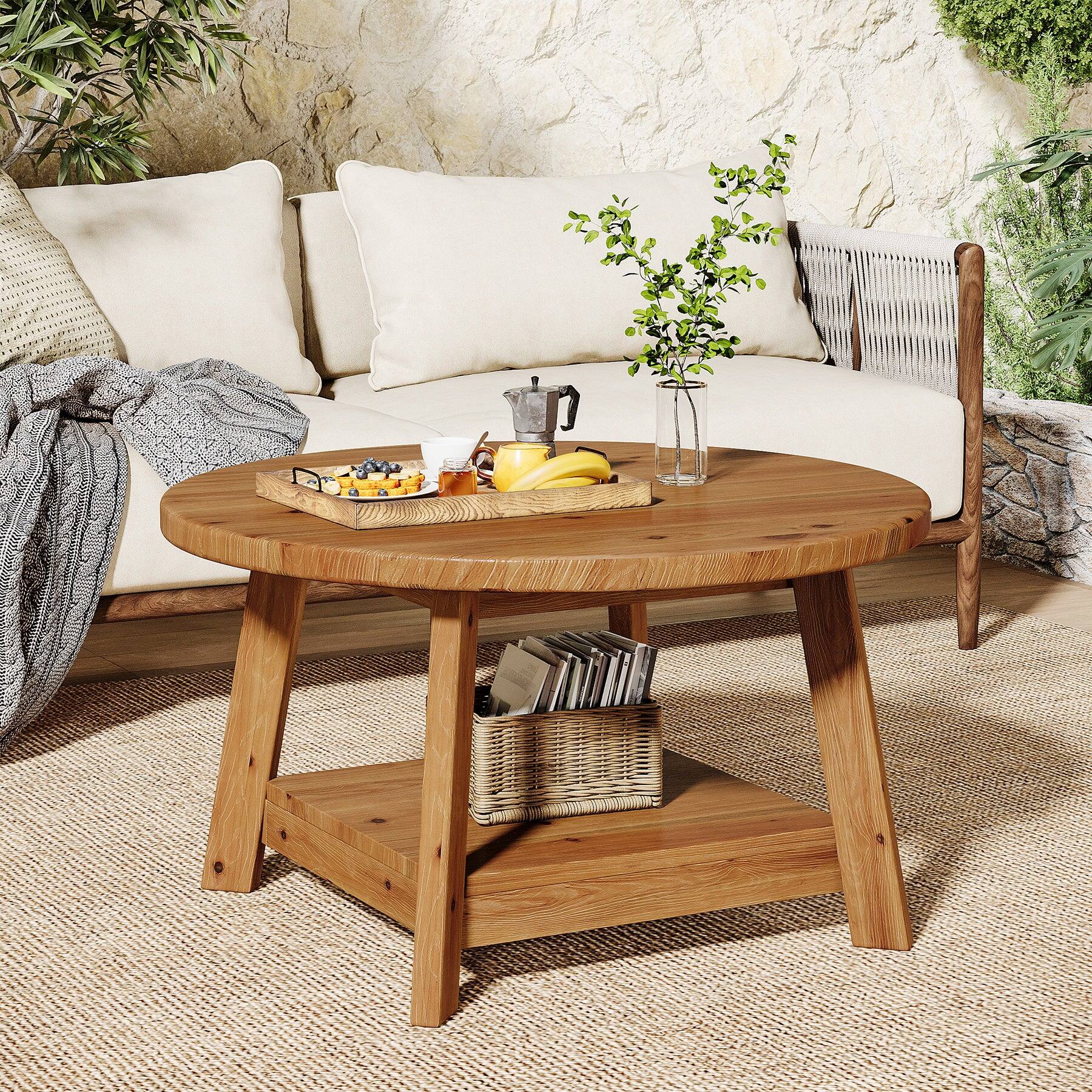Alt View 1. Tribesigns - Solid Wood Coffee Table with Round Top for Books, Drinks and Everyday Essentials - Brown.