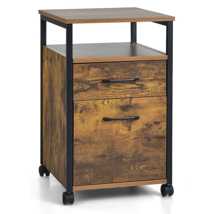 SlickBlue - 2 Drawer Mobile File Cabinet with Open Shelf for Letter Size Files - Rustic Brown