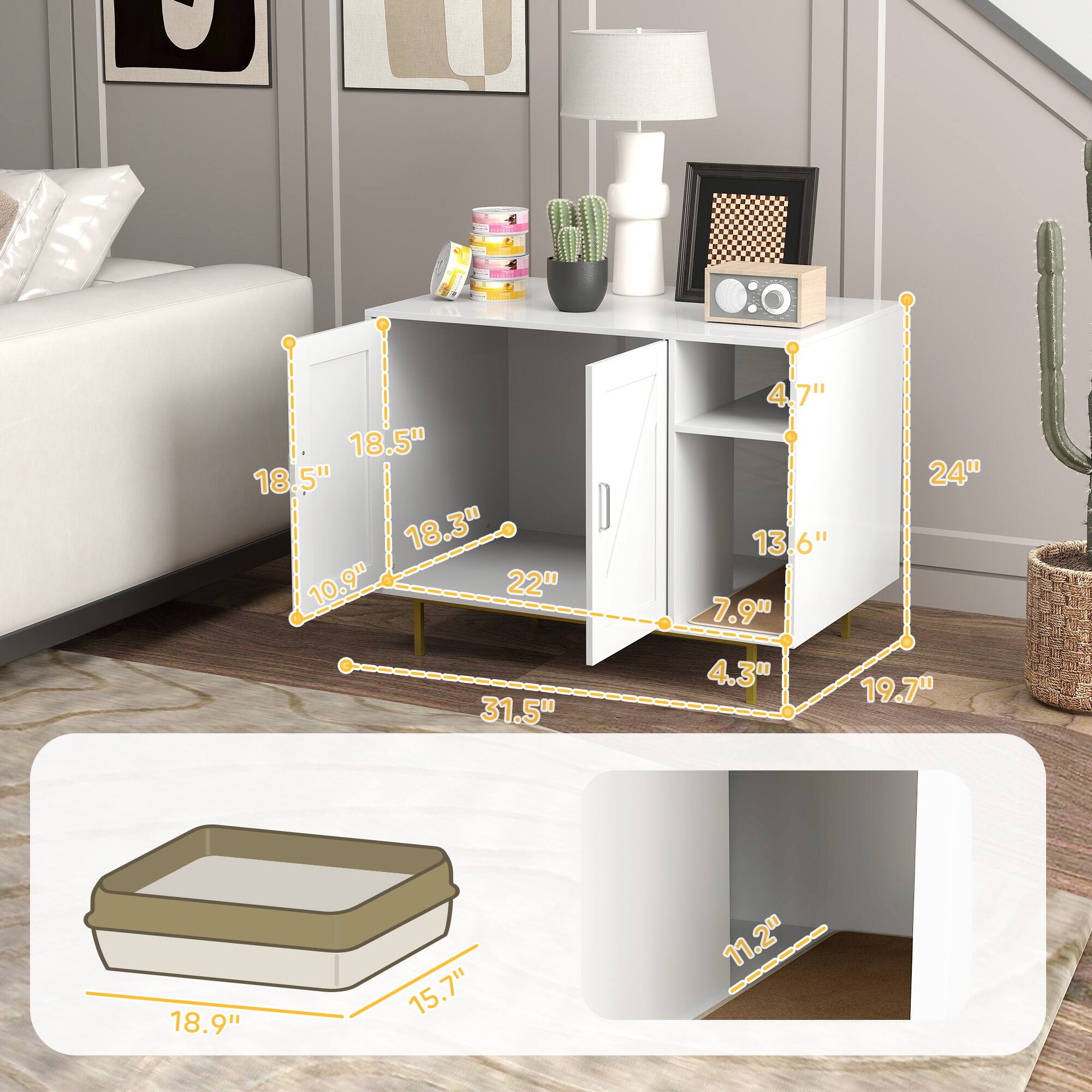 - 18.5" (height of the cabinet)
- 18.3" (height of the cabinet)
- 10.9" (depth of the cabinet)
- 22" (width of the cabinet)
- 4.7" (depth of the shelf)
- 13.6" (height of the shelf)
- 7.9" (height of the drawer)
- 24" (width of the cabinet)
- 31.5" (length of the cabinet)
- 4.3" (depth of the drawer)
- 19.7" (width of the drawer)
- 18.9" (width of the drawer)
- 15.7" (length of the drawer)
- 11.2" (depth of the drawer)