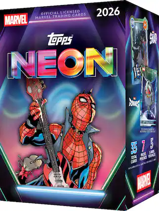 OFFICIAL LICENSED MARVEL TRADING CARDS 2026 TOPPS NEON
35 TOTAL CARDS
7 PACKS PER BOX
5 CARDS PER PACK