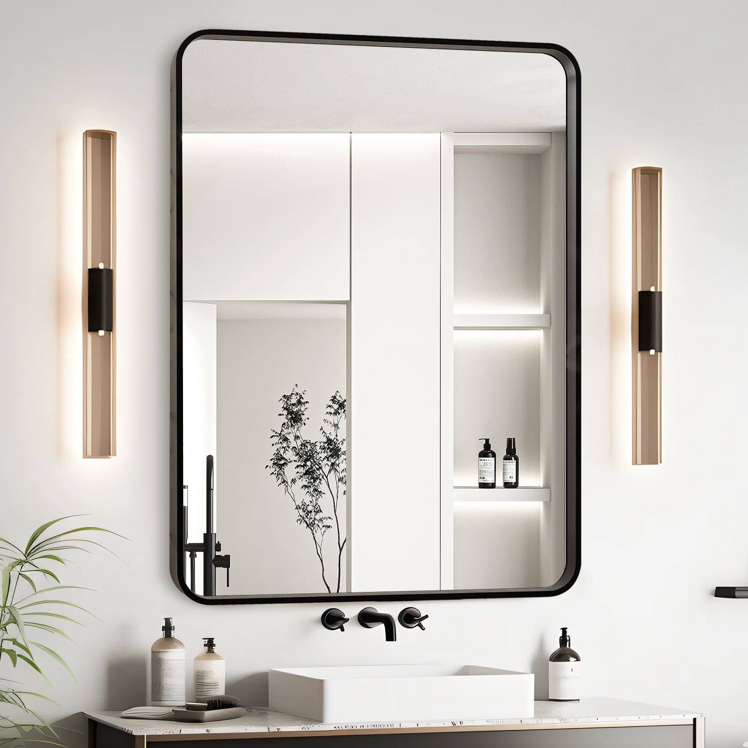Alt View 2. BreeBe - 28x36 Inch Black Aluminium Frame Bathroom Mirror - Black.