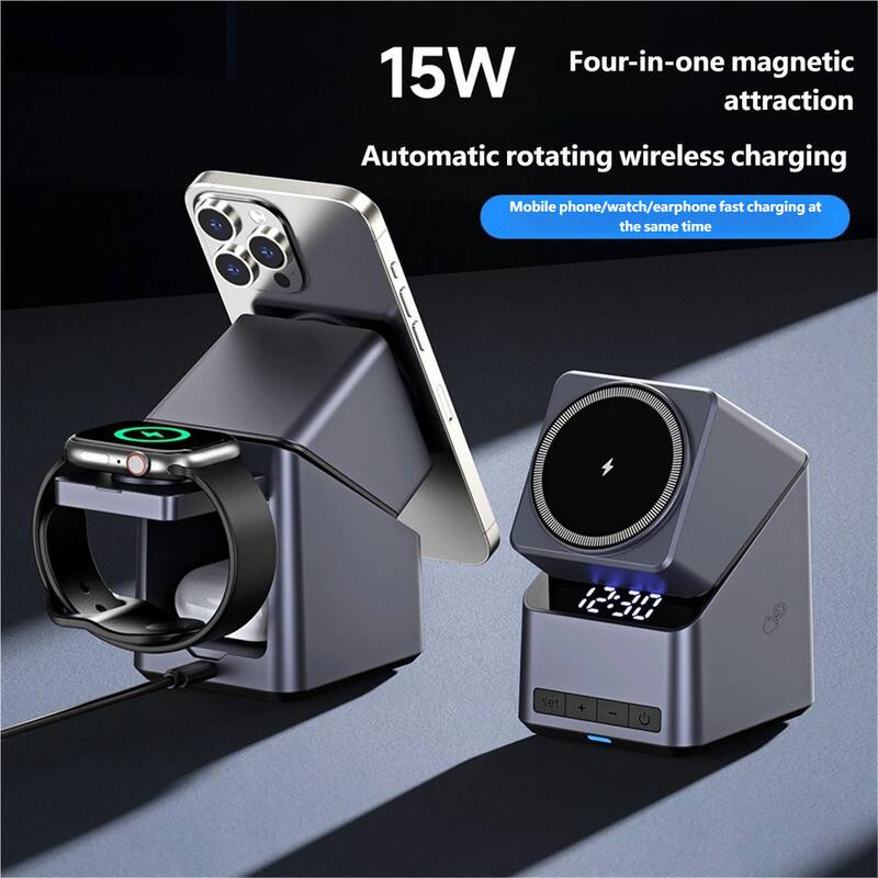 15W  
Four-in-one magnetic attraction  
Automatic rotating wireless charging  
Mobile phone/watch/earphone fast charging at the same time