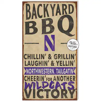 BACKYARD BBQ
N
CHILLIN' & GRILLIN'
LAUGHIN' & YELLIN'
NORTHWESTERN TAILGATIN'
CHEERIN' FOR ANOTHER
WILDCATS VICTORY
for use INSIDE or OUTSIDE