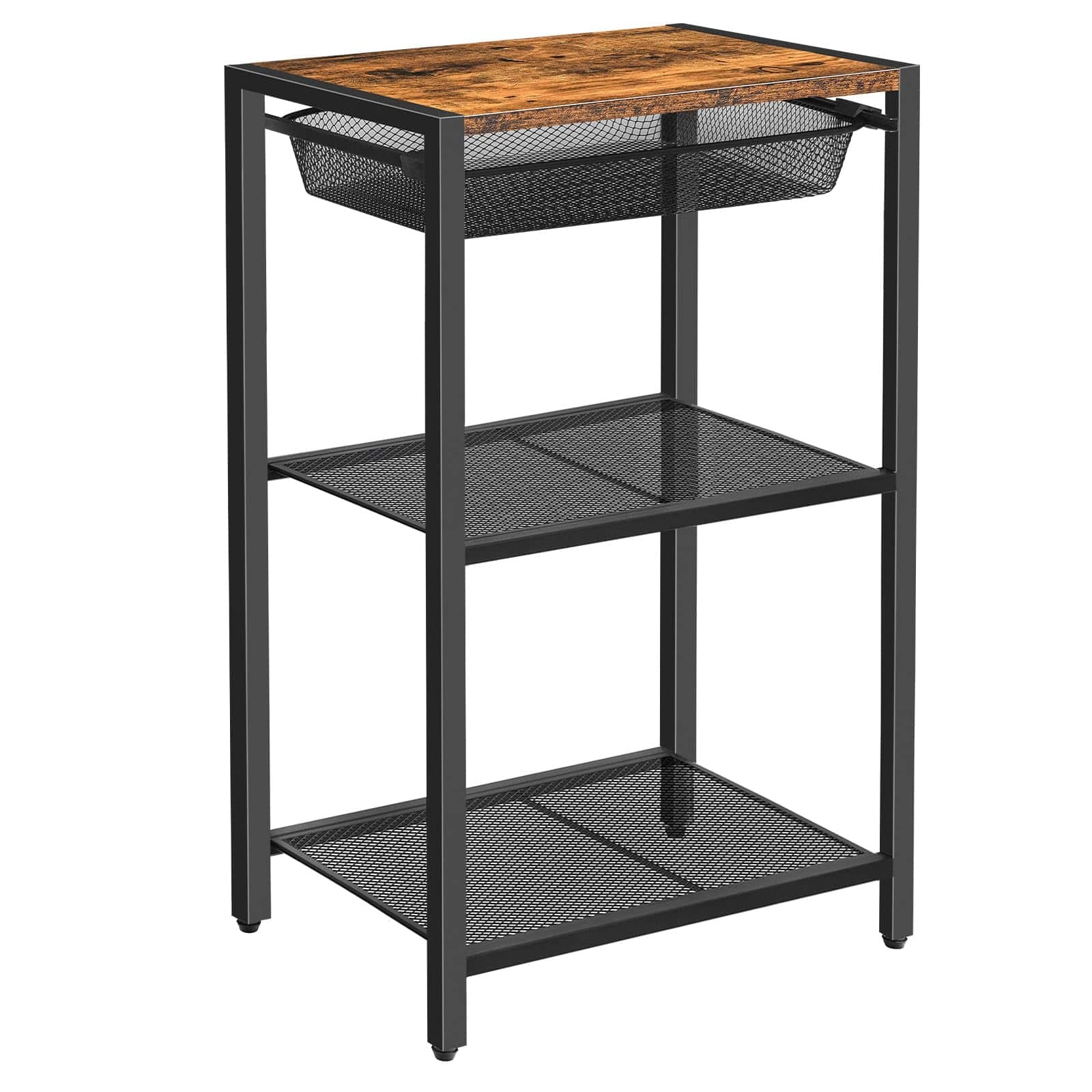 PO3TICJUNKI3 - 28 Tall Side Table 3-tier Industrial Telephone End With Adjustable Metal Mesh Basket Desk Storage Shelves F - Rustic Brown + Black