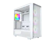 Front. Montech - MONTECH X5 ATX Mid-Tower Case, 4x ARGB Fans, Glass Panel, GPU Holder, White - White.