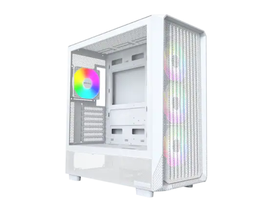 Front. Montech - MONTECH X5 ATX Mid-Tower Case, 4x ARGB Fans, Glass Panel, GPU Holder, White - White.