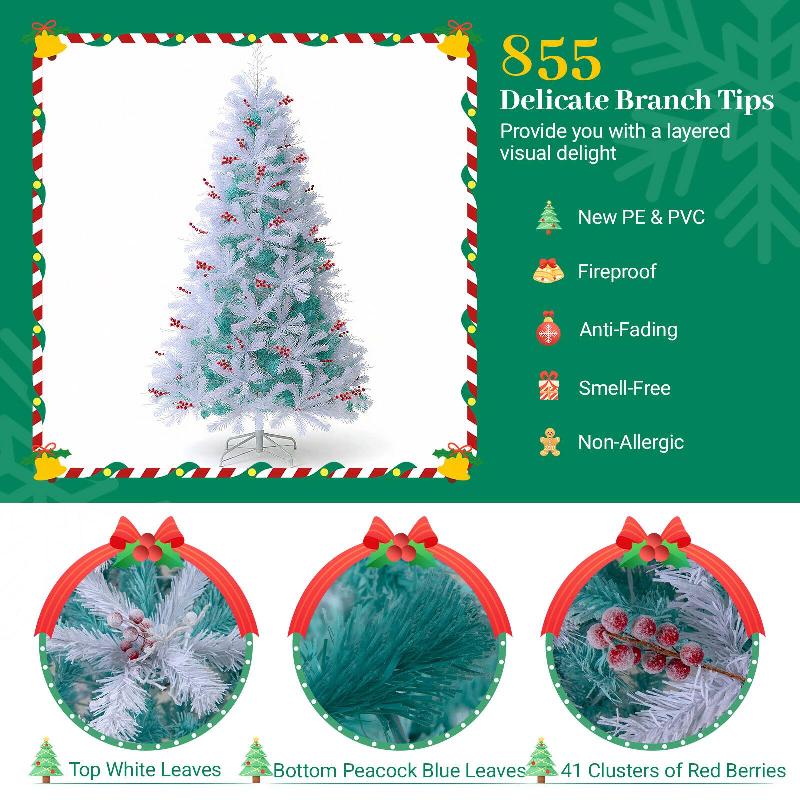 855 Delicate Branch Tips  
Provide you with a layered visual delight  

- New PE & PVC  
- Fireproof  
- Anti-Fading  
- Smell-Free  
- Non-Allergic  

Top White Leaves  
Bottom Peacock Blue Leaves  
41 Clusters of Red Berries