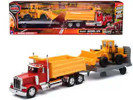 New Ray - Peterbilt 379 Dump Truck and Wheel Loader Yellow with Flatbed Trailer "Long Haul Truckers" Series 1/32 - Red