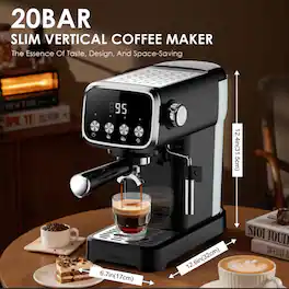 Plum Chef - 20 Bar Espresso Machine with Milk Frother, 1350W Compact Home Coffee Maker, Built-in Cup Thermometer - Black