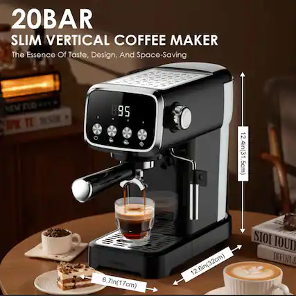 20BAR SLIM VERTICAL COFFEE MAKER
The Essence Of Taste, Design, And Space-Saving
NEW TUD SPIL 1I 895
12.4in(31.5cm)
6.7in(17cm)
12.6in(32cm)
SIOI TOUD DEFINL