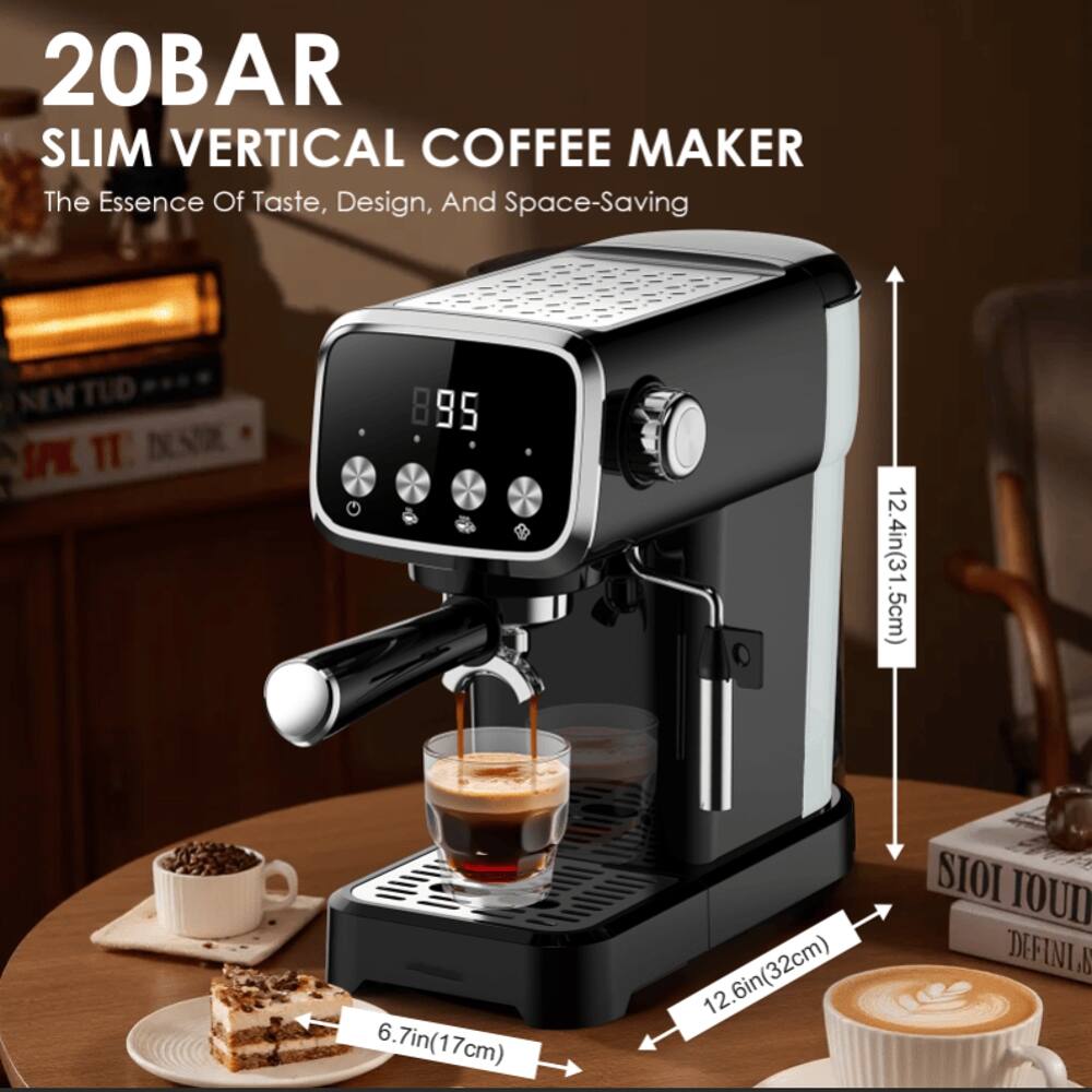 20BAR SLIM VERTICAL COFFEE MAKER  
The Essence Of Taste, Design, And Space-Saving  

NEW TUD SPIL 1I 895  
12.4in(31.5cm)  
6.7in(17cm)  
12.6in(32cm)  
SIOI TOUD DEFINL
