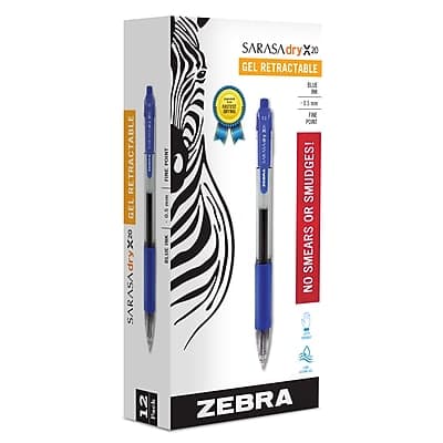 Zebra - Sarasa Dry X20 Retractable Gel Pen, Fine Point, 0.5mm, Dozen - Blue Ink