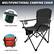 The image features a multifunctional camping chair with a mesh cup holder and a large side pocket.