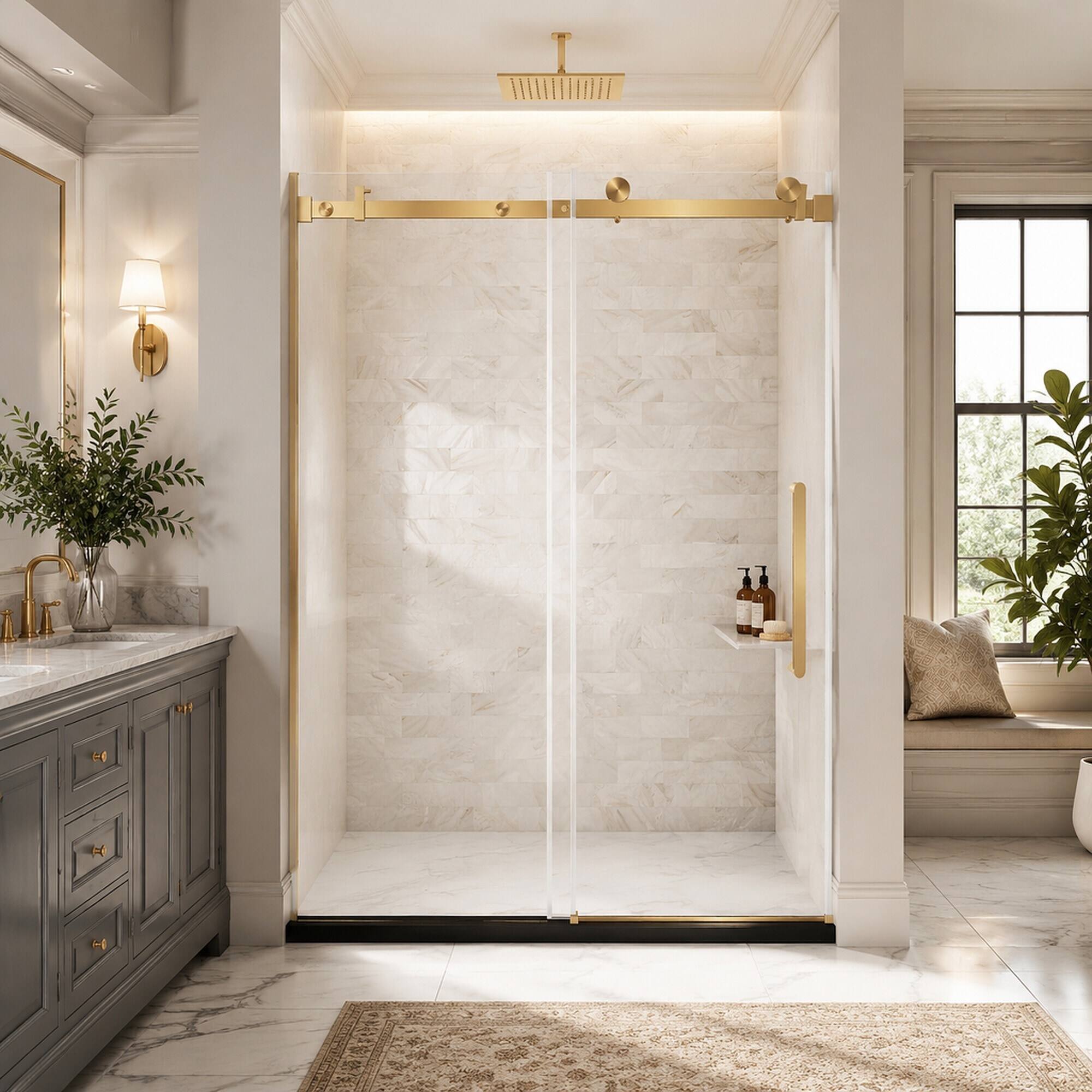 Back. RYHNUYNE - 56-60 In W X 76 In H Frameless Single Sliding Shower Door, 1/4 In Clear Tempered Glass With Handle Brushed Gold Finish - Brushed Gold.