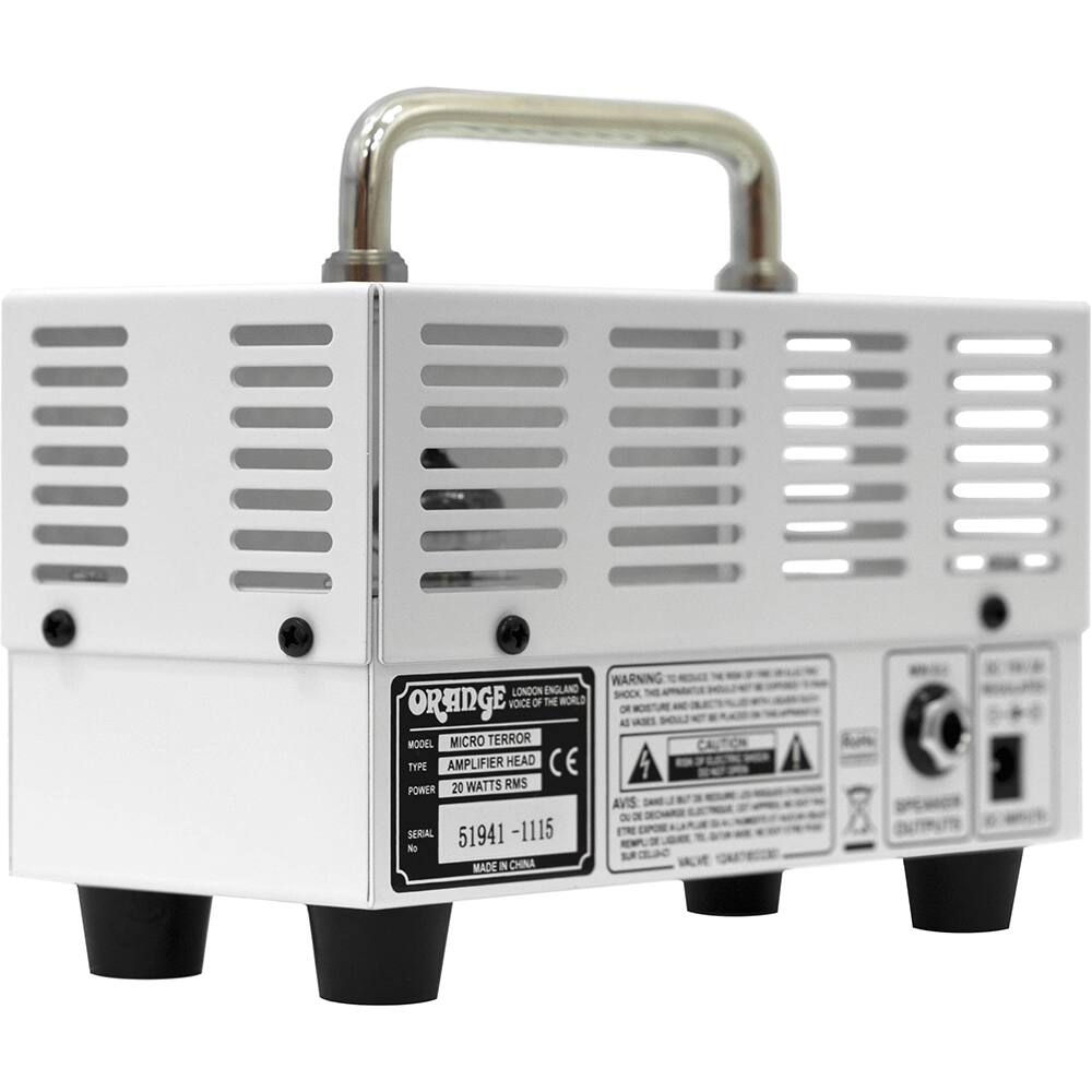 LONDON ENGLAND ORANGE VOICE OF THE WORLD MODEL MICRO TERROR TYPE AMPLIFIER HEAD CE 20 WATTS RMS POWER SERIAL 51941 - 1115 No MADE IN CHINA WARNING SHOCK OR A 7 AVIS