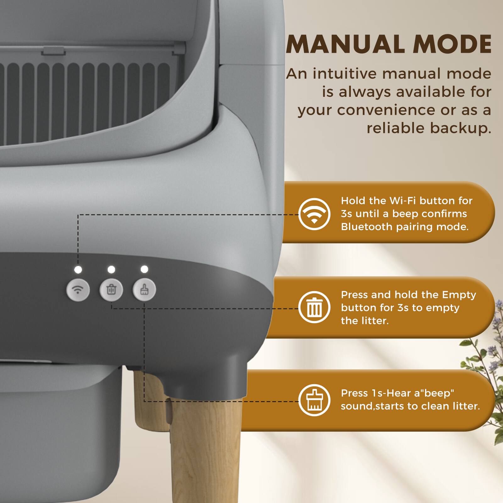 MANUAL MODE

An intuitive manual mode is always available for your convenience or as a reliable backup.

- Hold the Wi-Fi button for 3s until a beep confirms Bluetooth pairing mode.
- Press and hold the Empty button for 3s to empty the litter.
- Press 1s - Hear a "beep" sound, starts to clean litter.
