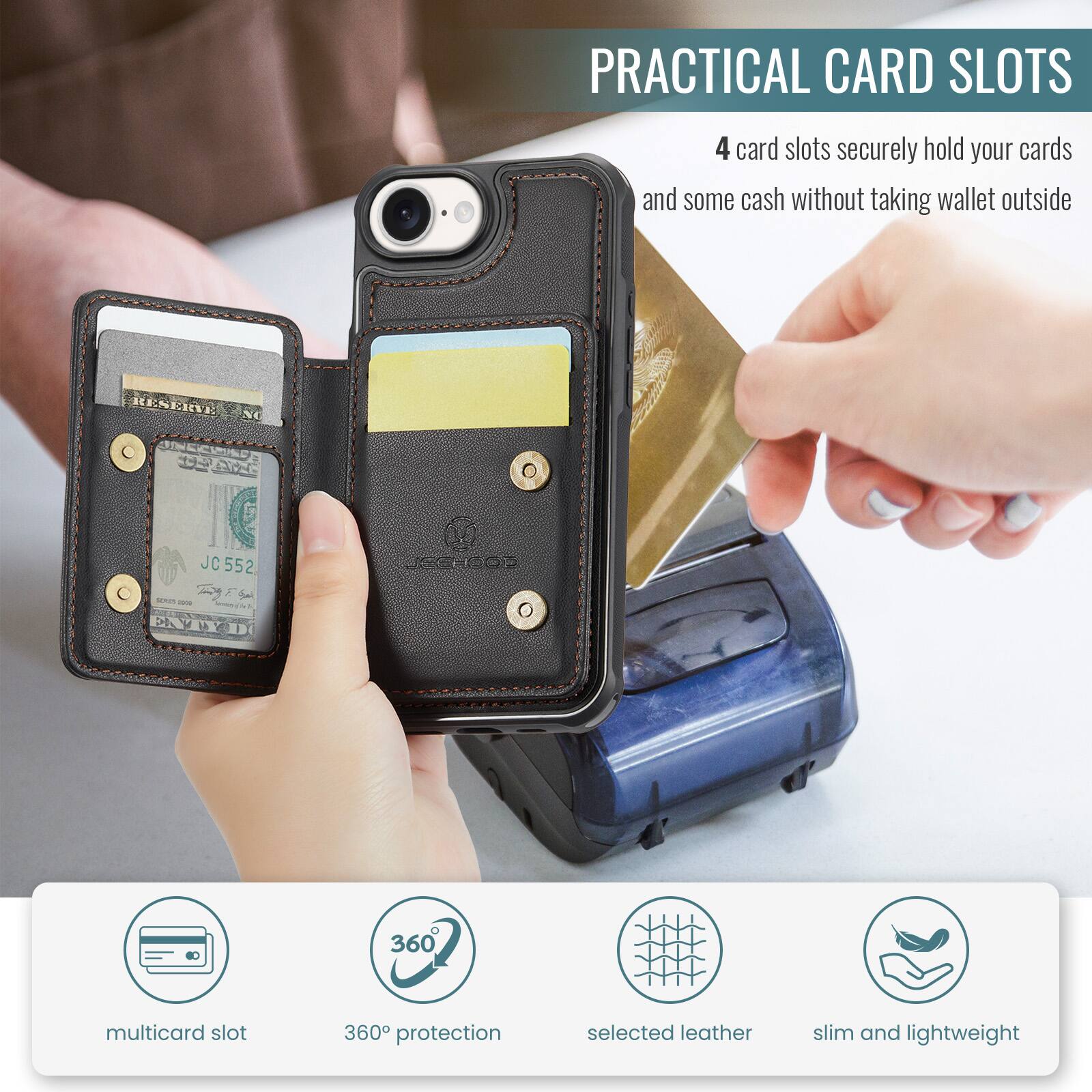 PRACTICAL CARD SLOTS

4 card slots securely hold your cards and some cash without taking wallet outside

multicard slot
360° protection
selected leather
slim and lightweight