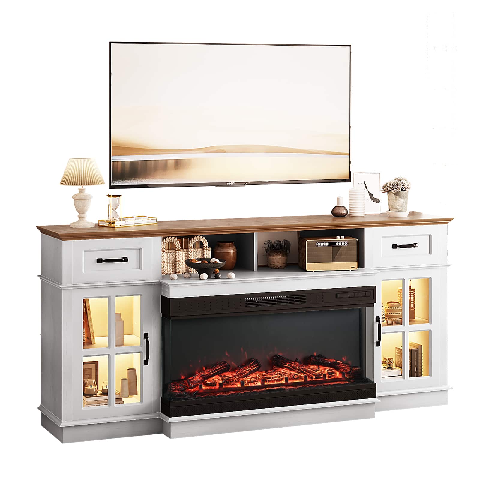 Winado - 70" Electric Fireplace TV Stand with Shelves ＆ 12 Color LED Lights for 80" TV - White and Black