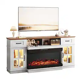 Winado - 70" Electric Fireplace TV Stand with Shelves & 12 Color LED Lights for 80" TV - White and Black