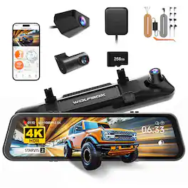 WOLFBOX - 3 Channel 4K Mirror Dash Cam, STARVIS 2 Sensor Night Vision, 5.8GHz WiFi, GPS, WDR, HDR, 256GB SD Card, Hardwire Kit - Black