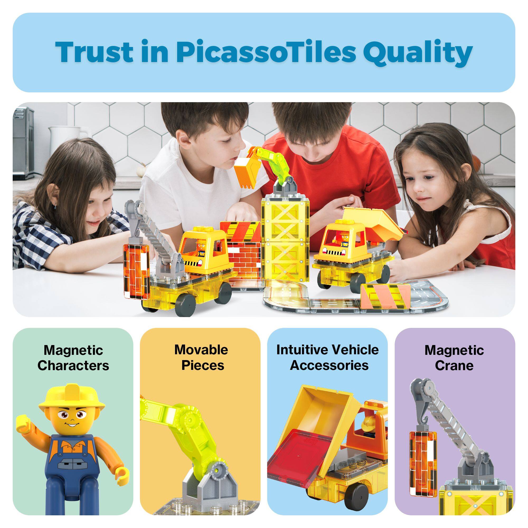 Trust in PicassoTiles Quality - Magnetic Characters, Movable Pieces, Intuitive Vehicle Accessories, Magnetic Crane