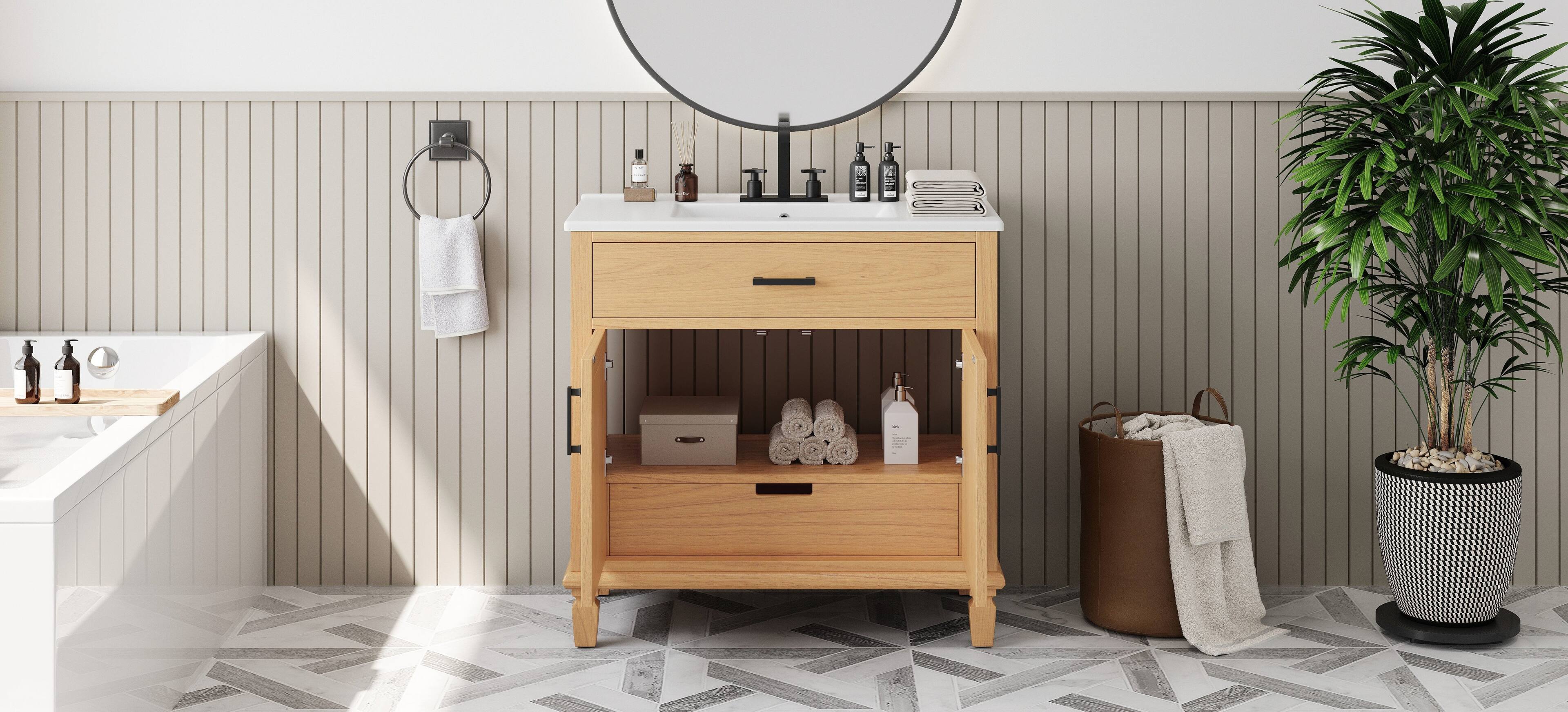 Alt View 10. Boyel Living - 36 Inch Rattan Bathroom Vanity with Ceramic Sink Soft Close Doors and Drawers Solid Wood Legs - Natural.
