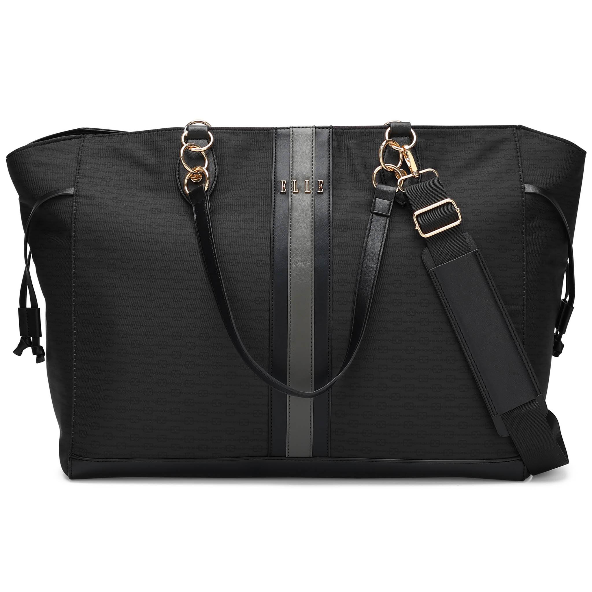 Front. Elle - ELLE Eleganza 32L Monogram Weekender Duffel Bag | Black - Black.