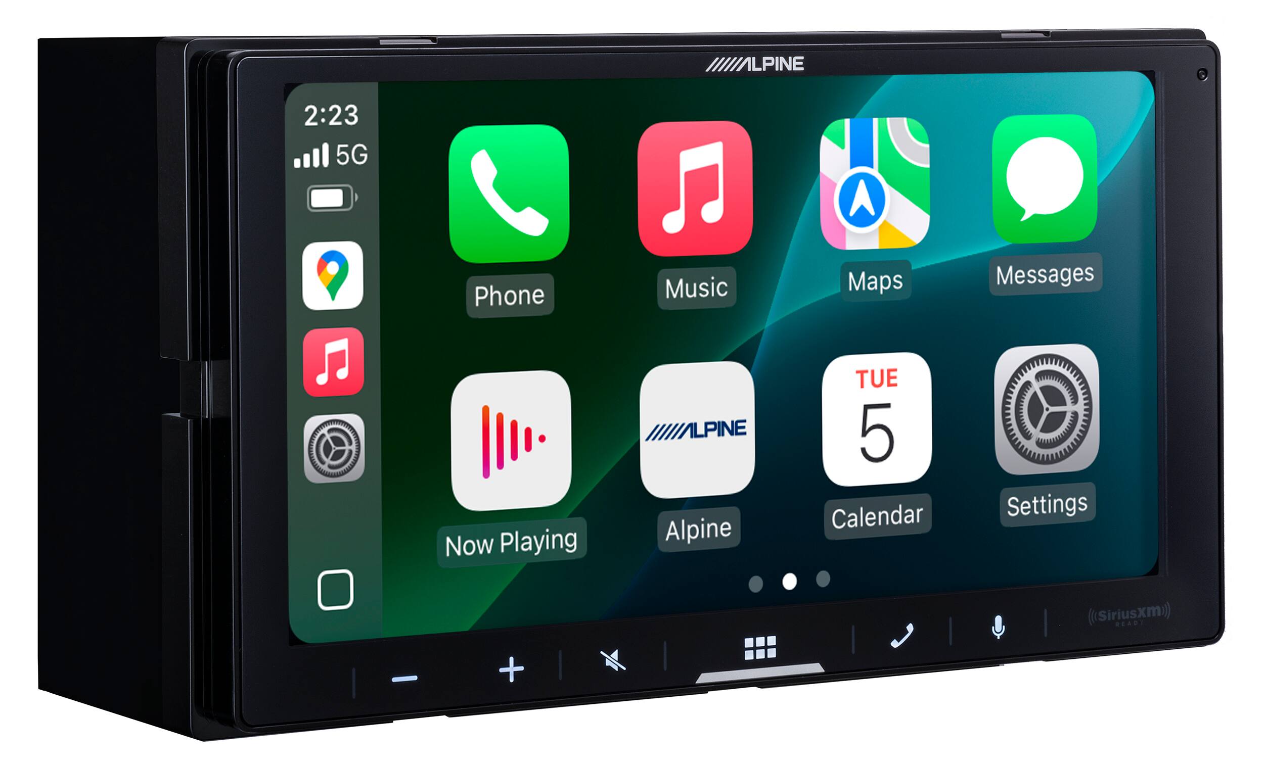 ILPINE  
2:23  
5G  
Phone  
Music  
Maps  
Messages  
Now Playing  
Alpine  
Calendar  
Settings  
TUE 5  
(SiriusXM)  
READI