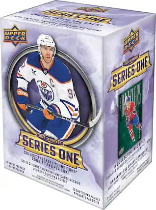 **Upper Deck Series One 2025-26 Hockey**
**Front:**
- Collect at least 1 young guns rookie card per box!
- 12 cards per pack
- 4 packs per box
- May contain time-sensitive redemption cards with date of redemption
- 12 cards per pack
- 4 packs per box
**Left Side:**
- Les cartes encore en série sont par box
- Collectionnez au moins une carte recrue par boîte
- Peut contenir des cartes de rachat avec date d'échéance
**Right Side:**
- A collection favorite in every box!
- Look for a green dazzlers card
- Un favori dans chaque boîte!
- Recherchez la carte dazzlers verte
**Back:**
- Collectez-en encore 1 série cards per box
- Une série back!
- Retour!
- 2025-26 hockey
- Series one
- Dazzlers
- Ivan Dmytrov
- 97
- CCM
- Oilers
- 9