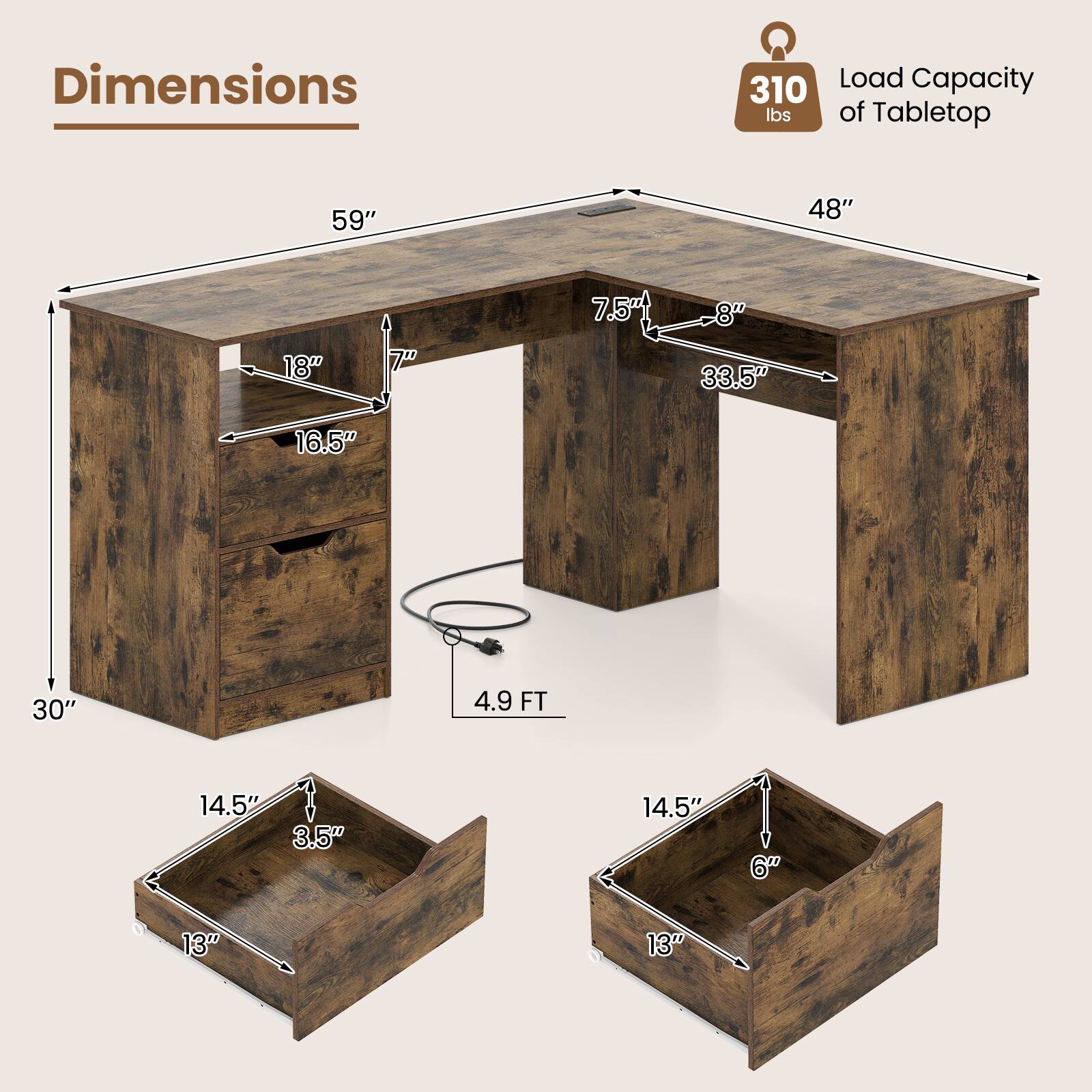 Dimensions  
Load Capacity 310 lbs of Tabletop  
59"  
48"  
7.5"  
8"  
18"  
7"  
33.5"  
16.5"  
30"  
4.9 FT  
14.5" 3.5"  
14.5"  
6"  
13"