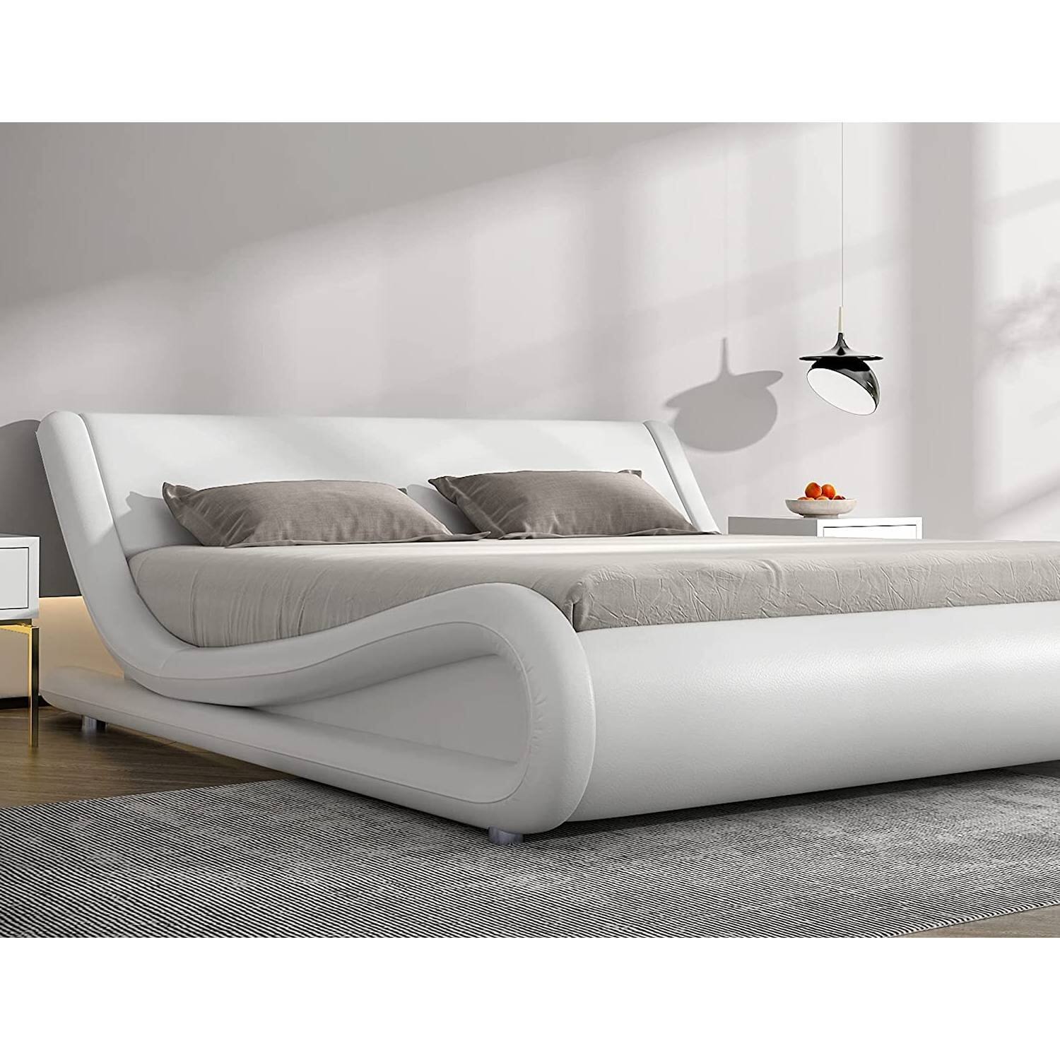 Angle. SlickBlue - Sleek Faux Leather Bed Frame with Upholstered Headboard - White.