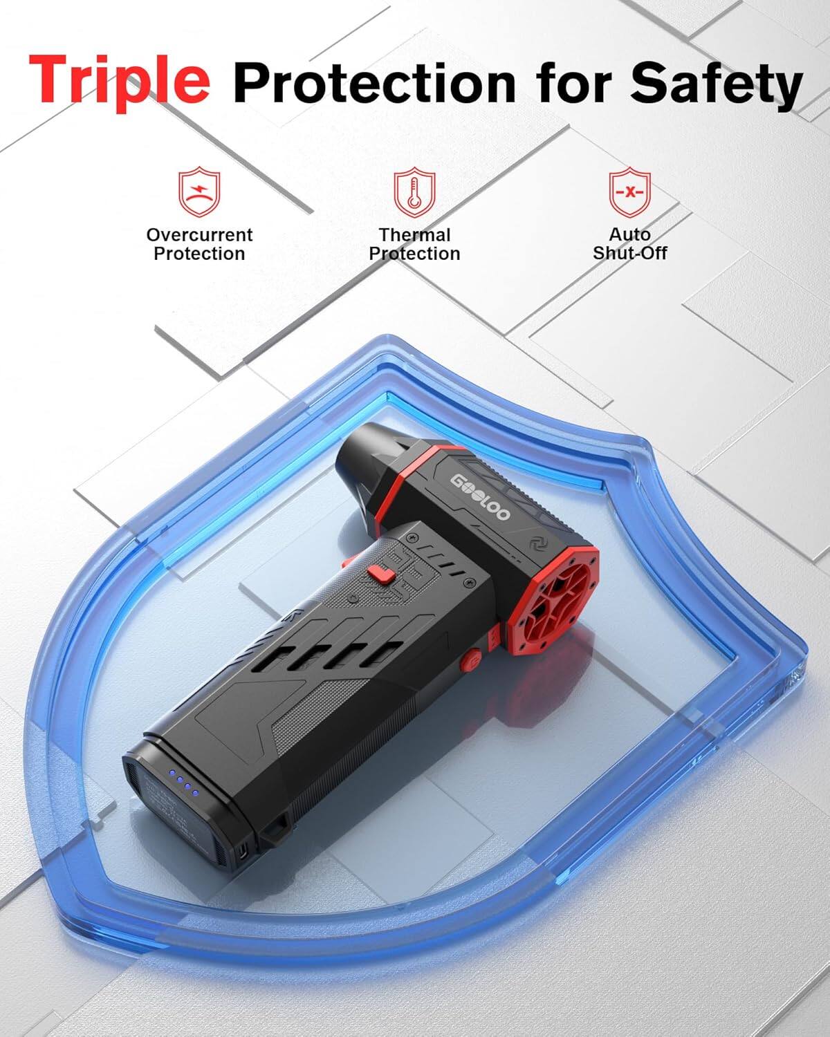 Triple Protection for Safety  
- Overcurrent Protection  
- Thermal Protection  
- Auto Shut-Off  

GOOLOO