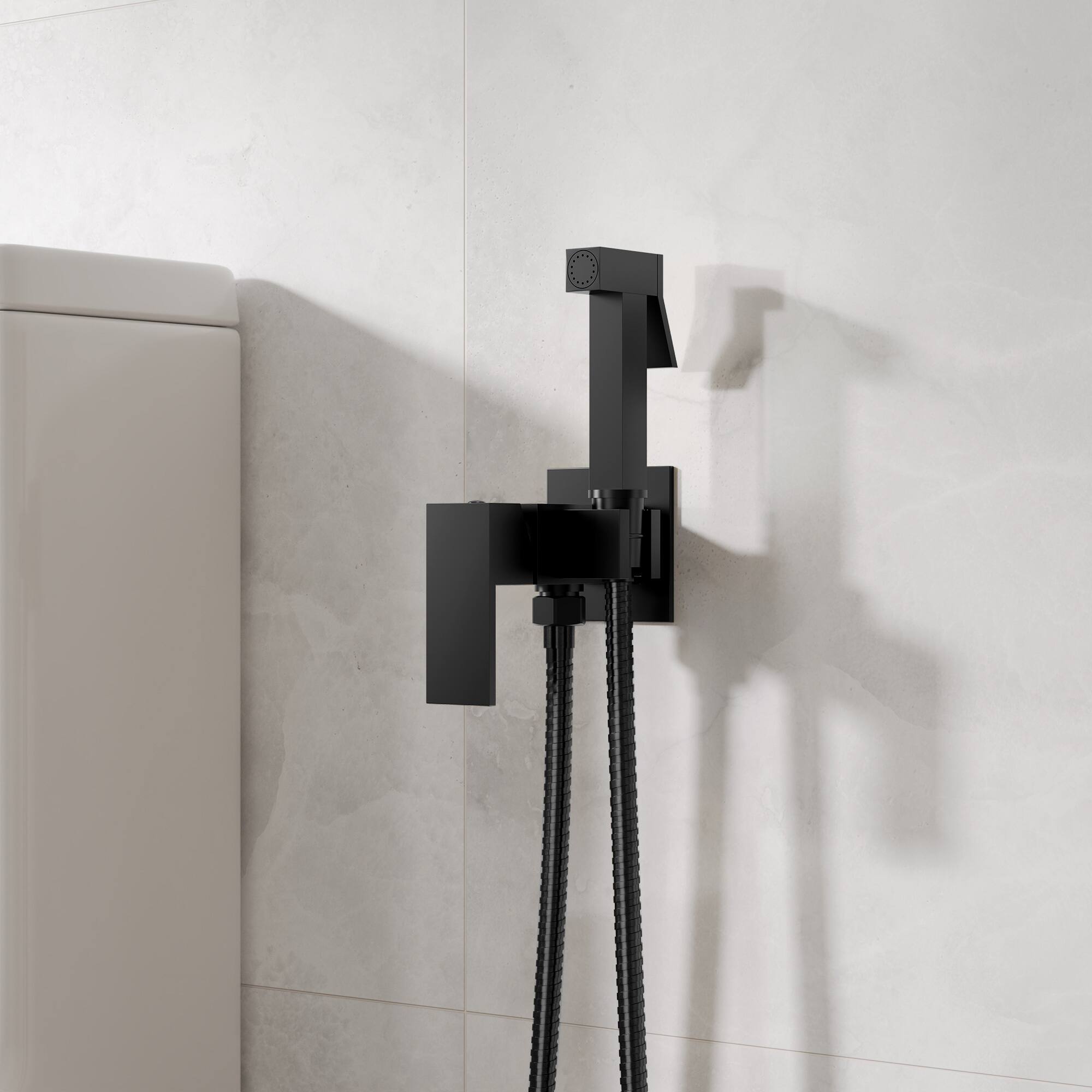 Angle. GRANDJOY - Handheld Bidet Faucet with Hot and Cold Mixing Valve, Wall Mount Solid Brass Square Design - Matte Black.