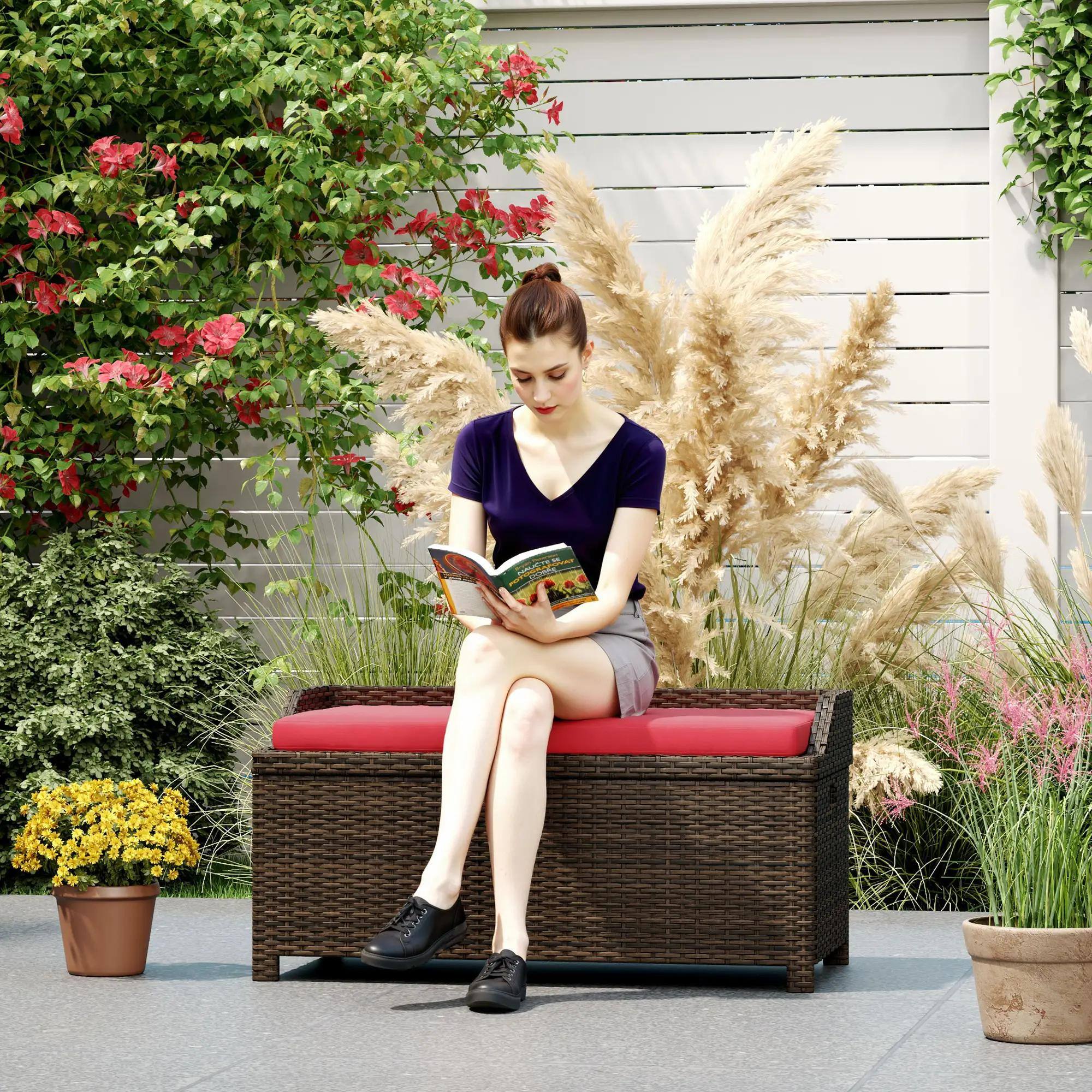 Left. Resenkos - Resenkos Outdoor Wicker Bench with Storage, Patio Storage Bench, Outdoor Bench with Cushion, Outdoor Furniture,Red - Red.