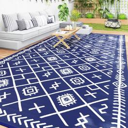 Outsunny - Reversible Outdoor Rug, 9' x 18' Waterproof Plastic Straw Floor Mat, Portable RV Camping Carpet, Large Floor Mat - Blue and White Rhombus